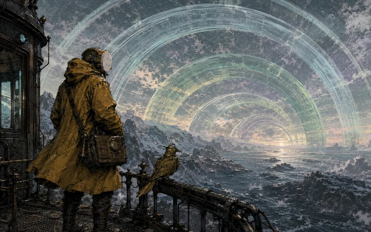 Concentric rings of frost and amber light spread across a frozen lake like the growth rings of a gigantic clock.