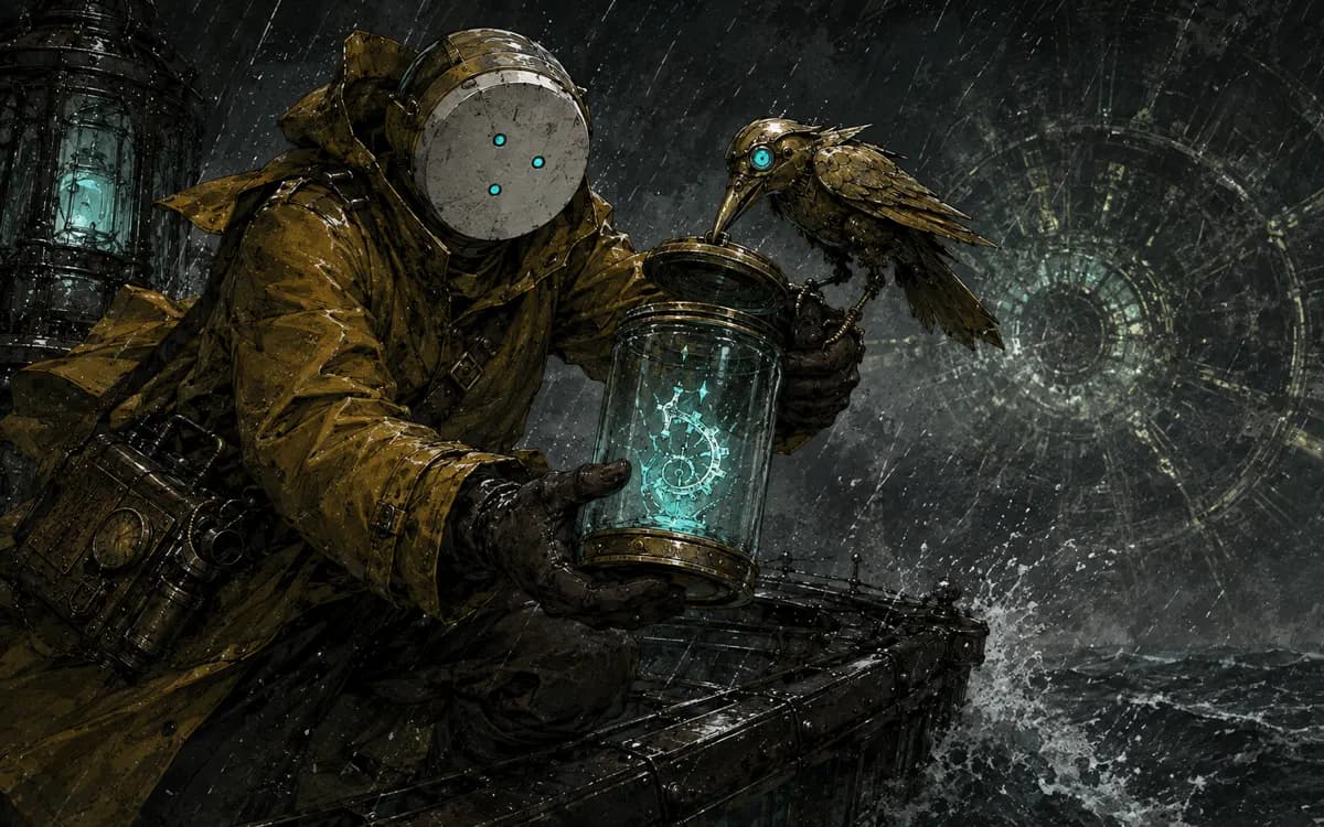 The clerk traps a bright runaway minute inside a small glass jar while the brass bird steadies the lid.