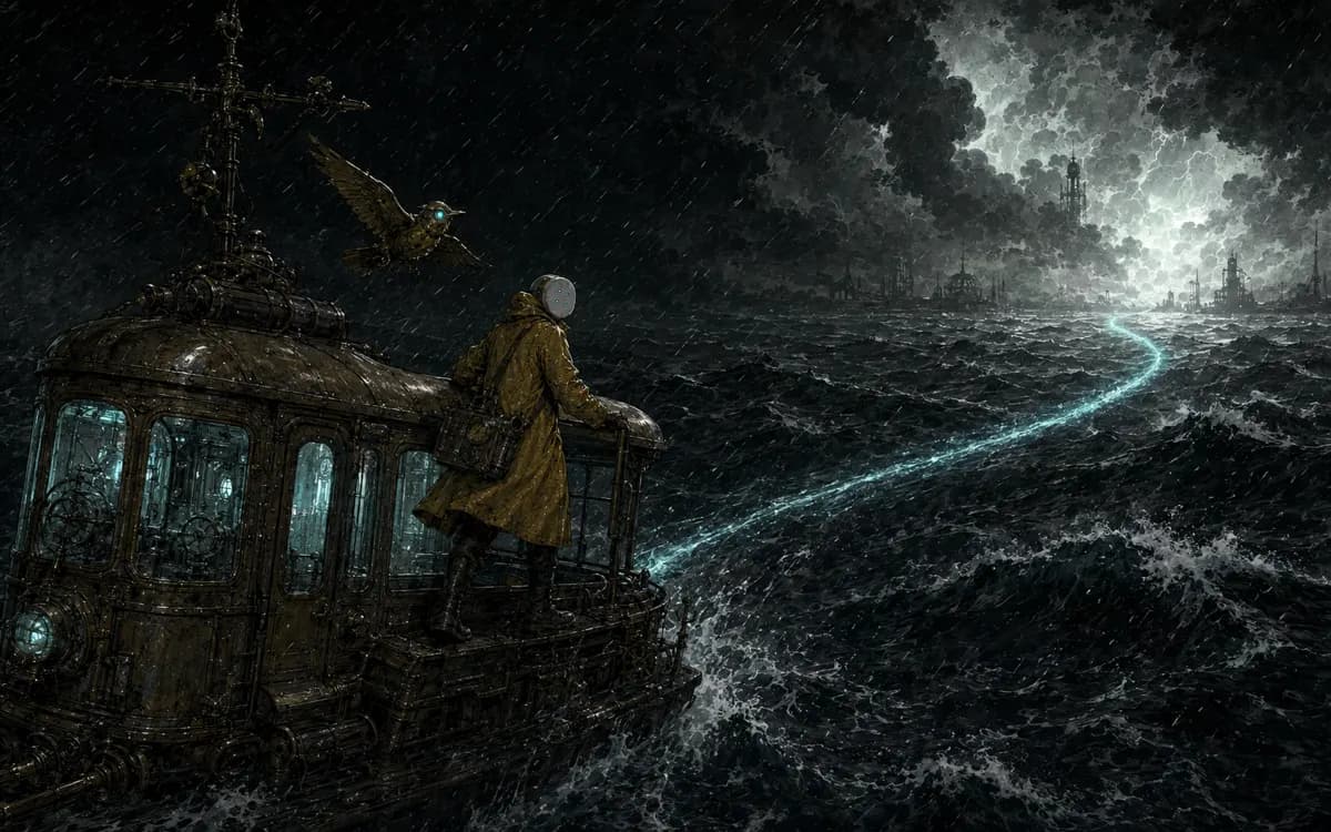 From a cliff, the clerk sees a luminous thread continuing across the night ocean toward a distant storm.