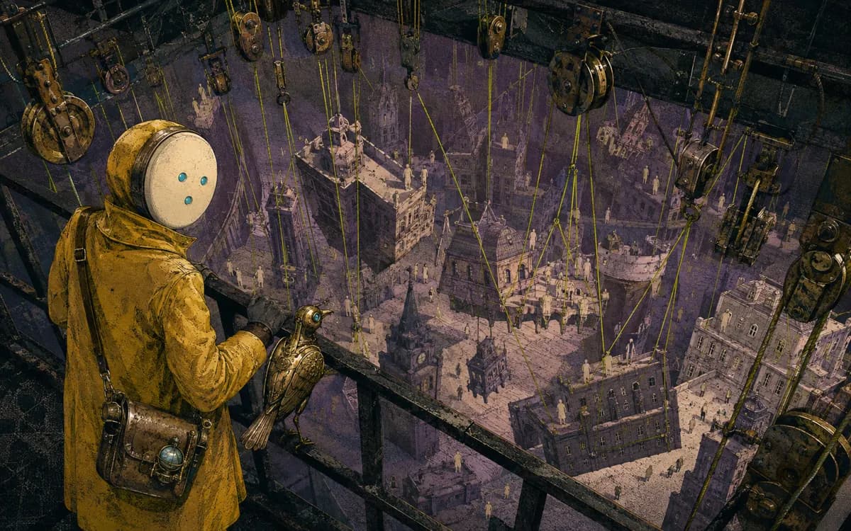 Tiny human and city silhouettes dangle from fine wires above a slowly rotating model world.