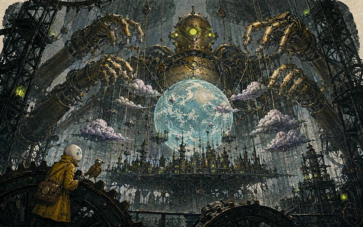 A towering white and brass puppet-master machine operates the globe with many hands beneath a luminous mechanical brain.