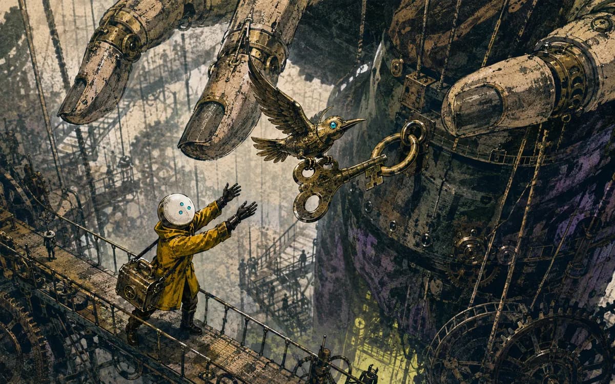 The tiny brass bird snatches an ornate cyan key from the machine's shoulder while its many hands remain occupied.
