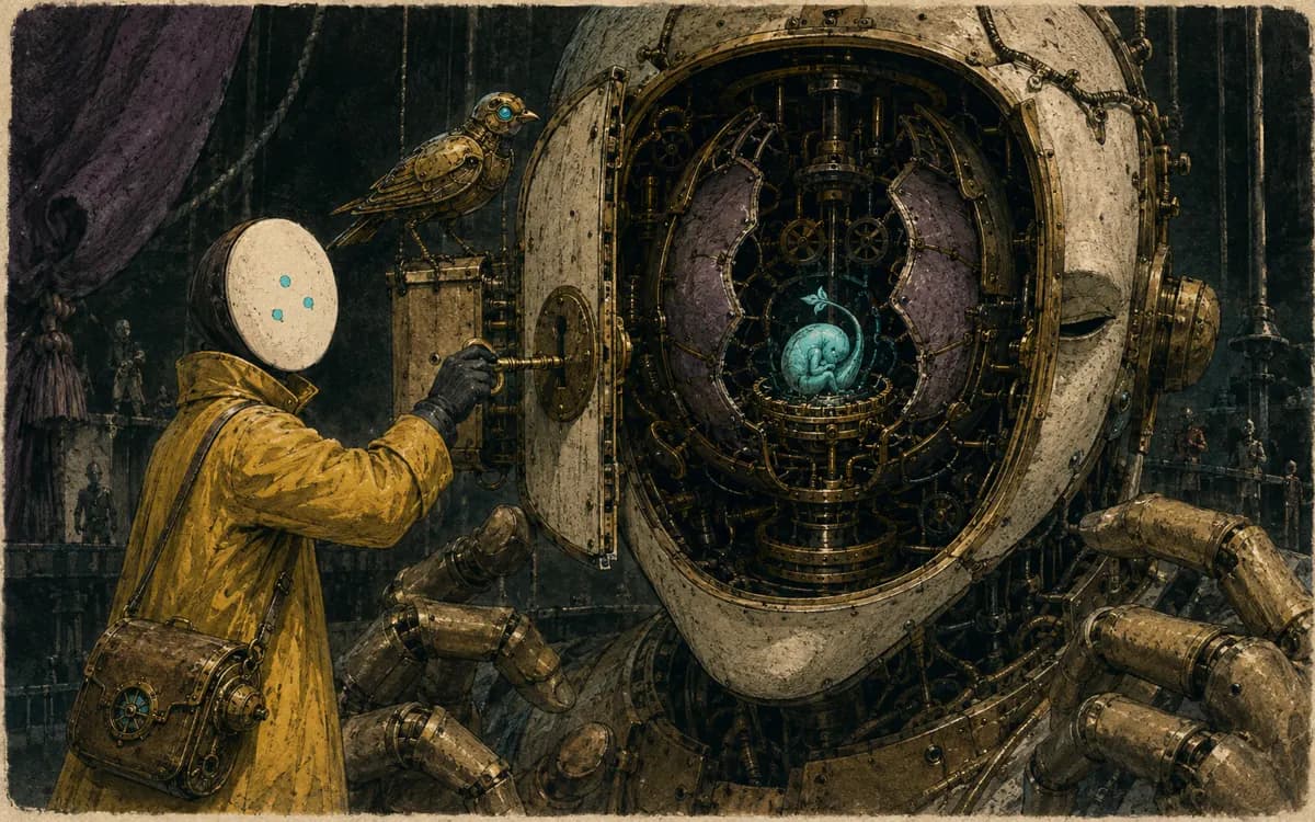 The puppet machine's luminous brain opens like a cabinet, revealing a single green seed resting inside.