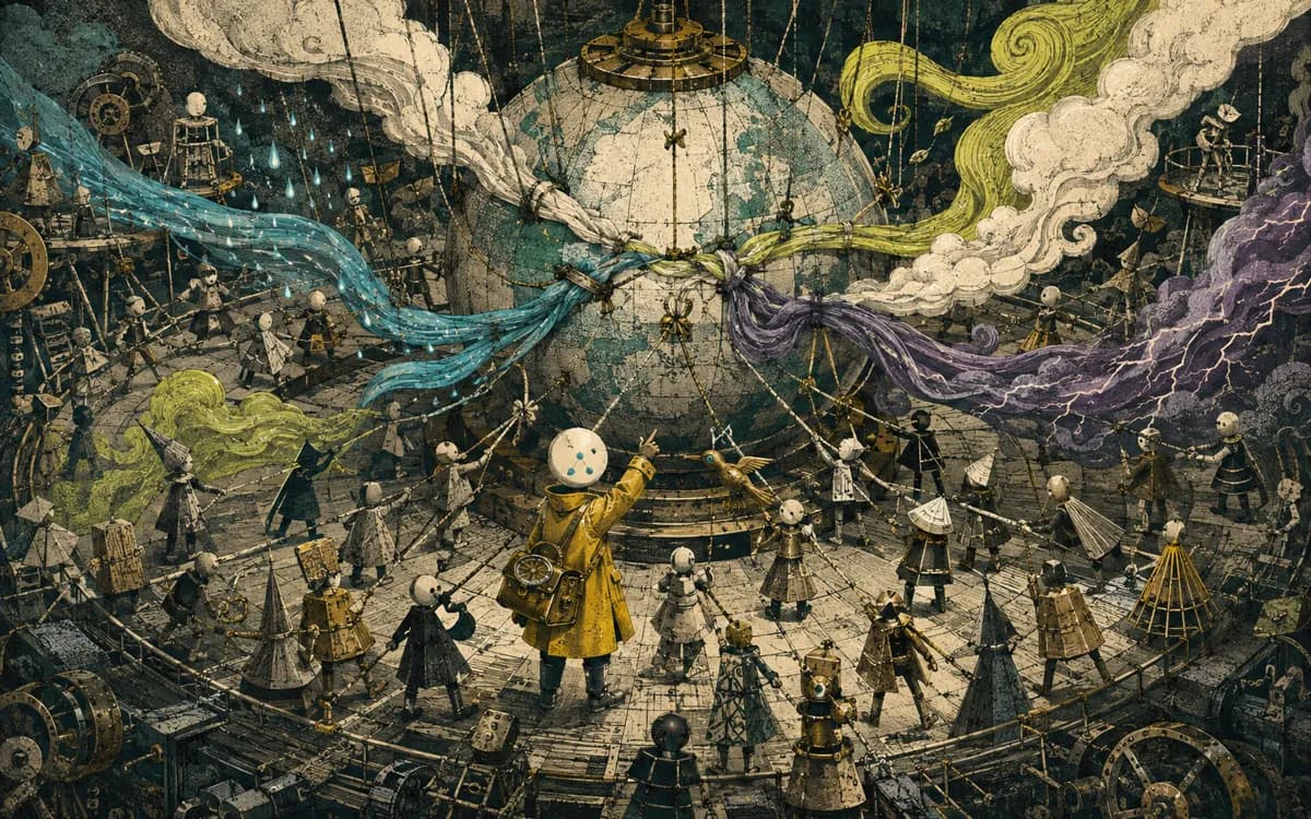 Country messengers climb the mechanism and release colorful weather ribbons from its rigid brass guides.