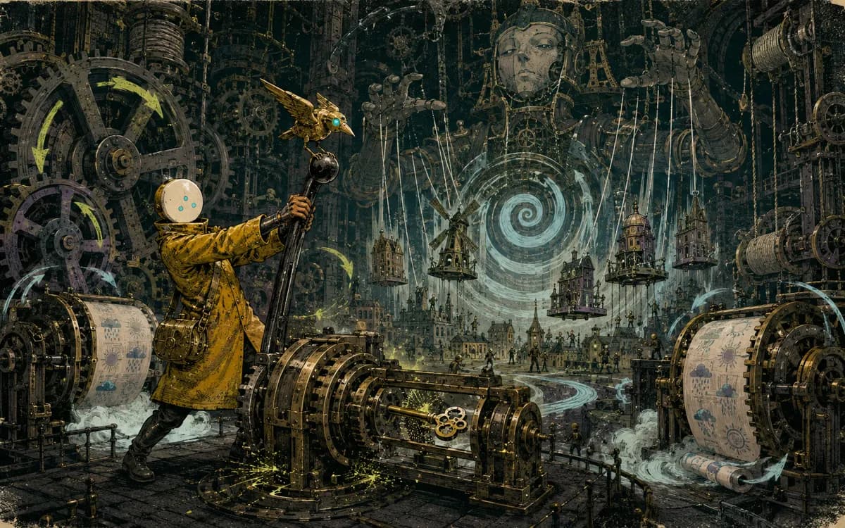 The tower's enormous gears reverse as rain rises, cloud drawers open and captured winds spill through the rafters.