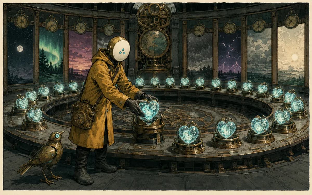 The clerk returns glowing clock hearts to a ring of timezone cabinets, each marked by a different capital skyline.