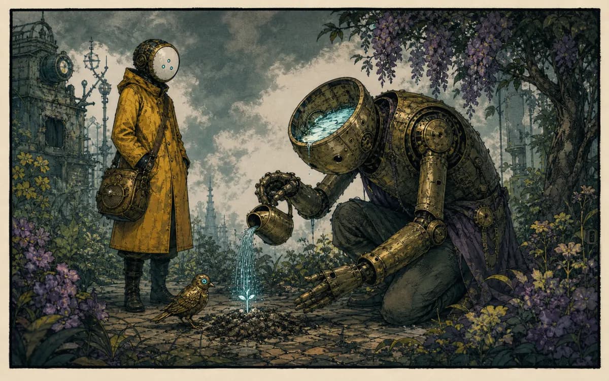 The once-colossal puppet machine, now small enough to kneel in a garden, waters the green seed from its opened brain.