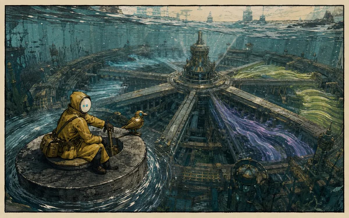 The restored ocean wheel turns steadily among red and cyan currents while fish and coral instruments move around it.