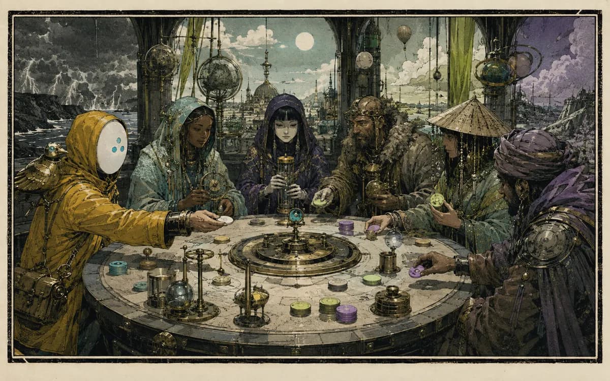 Messengers exchange weather measurements across a long table, comparing instruments without forcing them to agree.