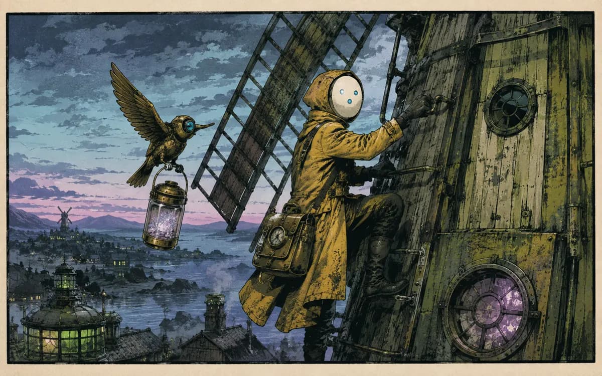 The clerk climbs Kvarnen's outer ladder at dusk with the captured minute jar secured in the brass satchel.