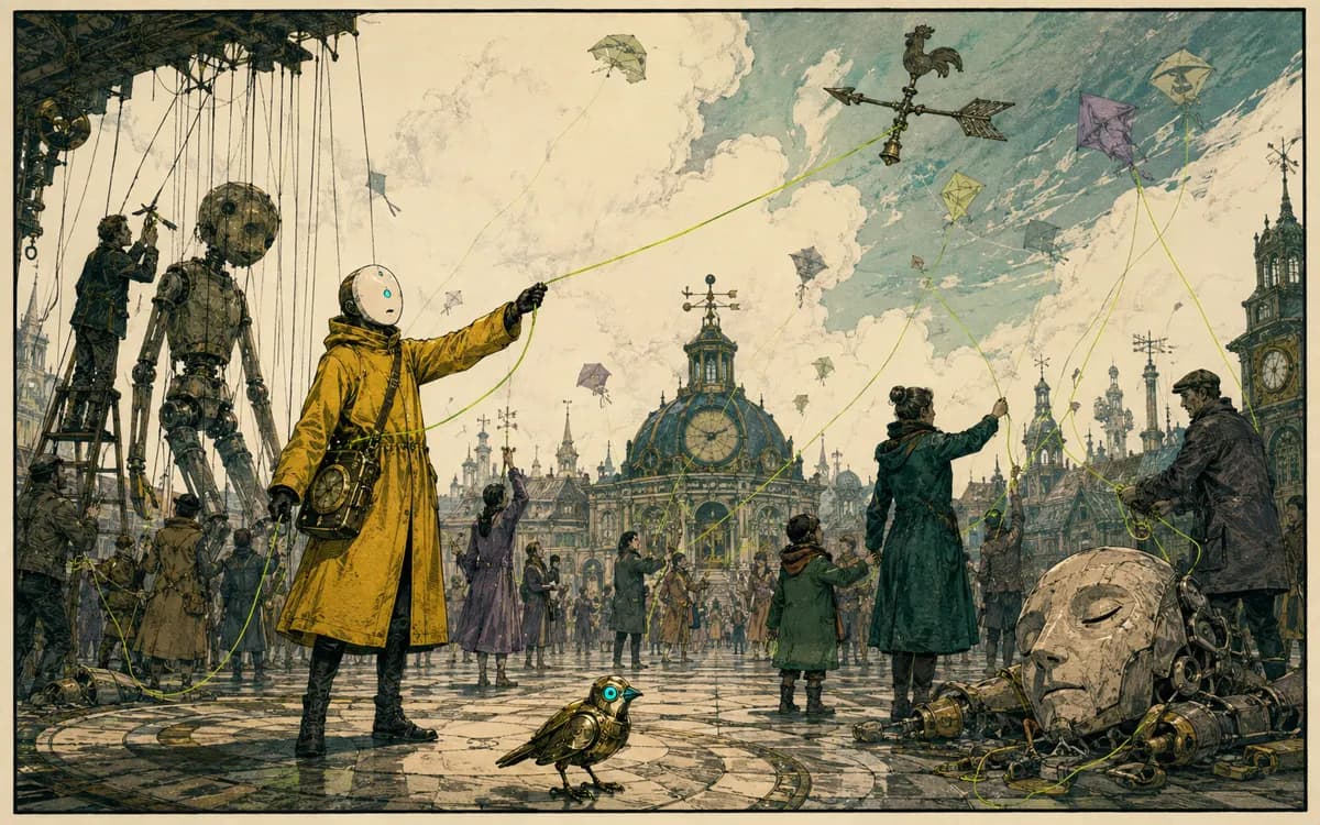 Citizens cut the discarded puppet strings into kite lines, filling the sky with handmade weather shapes.