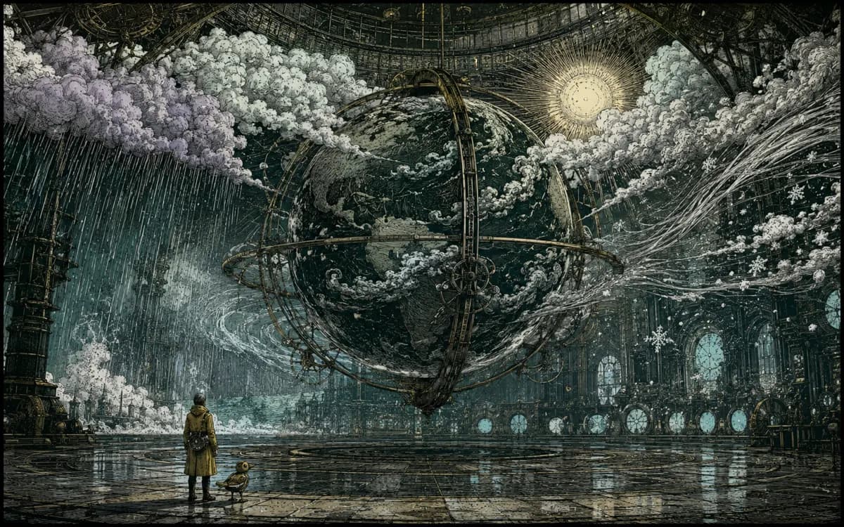 The globe turns freely above the mill, wrapped in unruly clouds, rain bands, sunlight and lightning of its own.