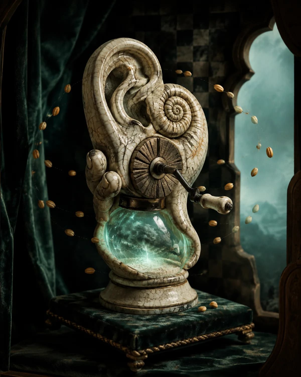 A porcelain ear and spiral-shell sculpture with a hand crank and a glowing storm inside a glass vessel.