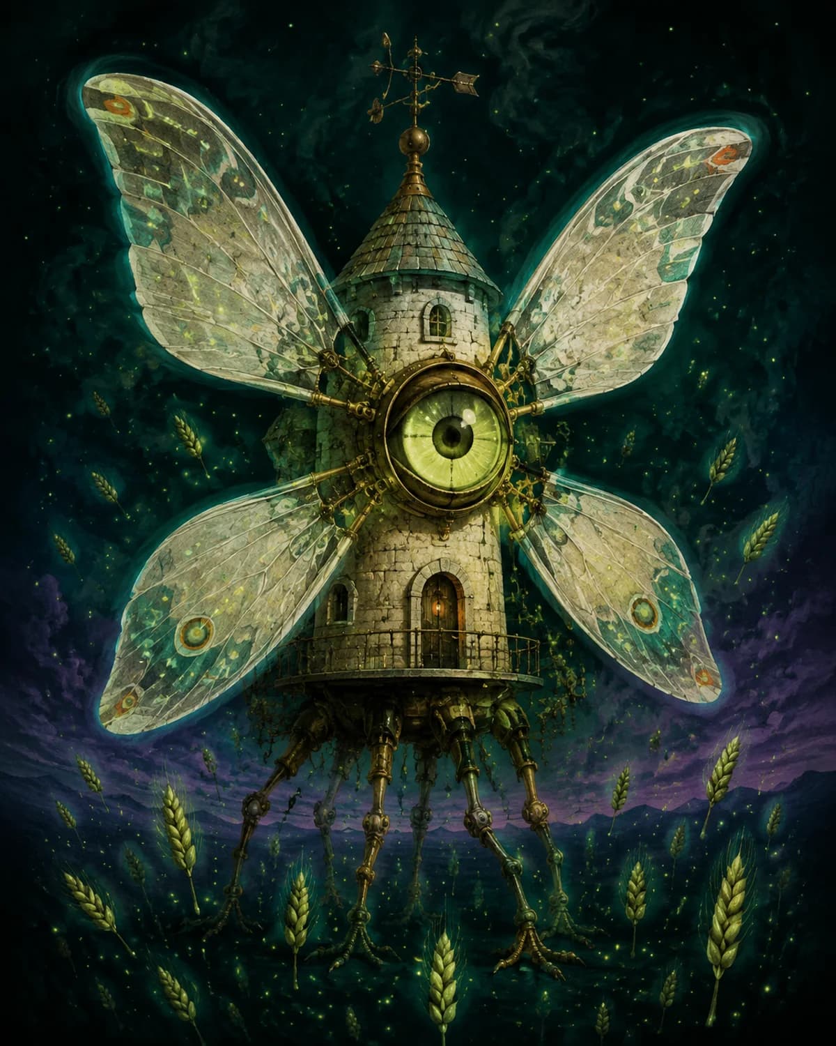 A stone windmill creature with translucent wings, a green eye, and many brass bird legs among floating grain.