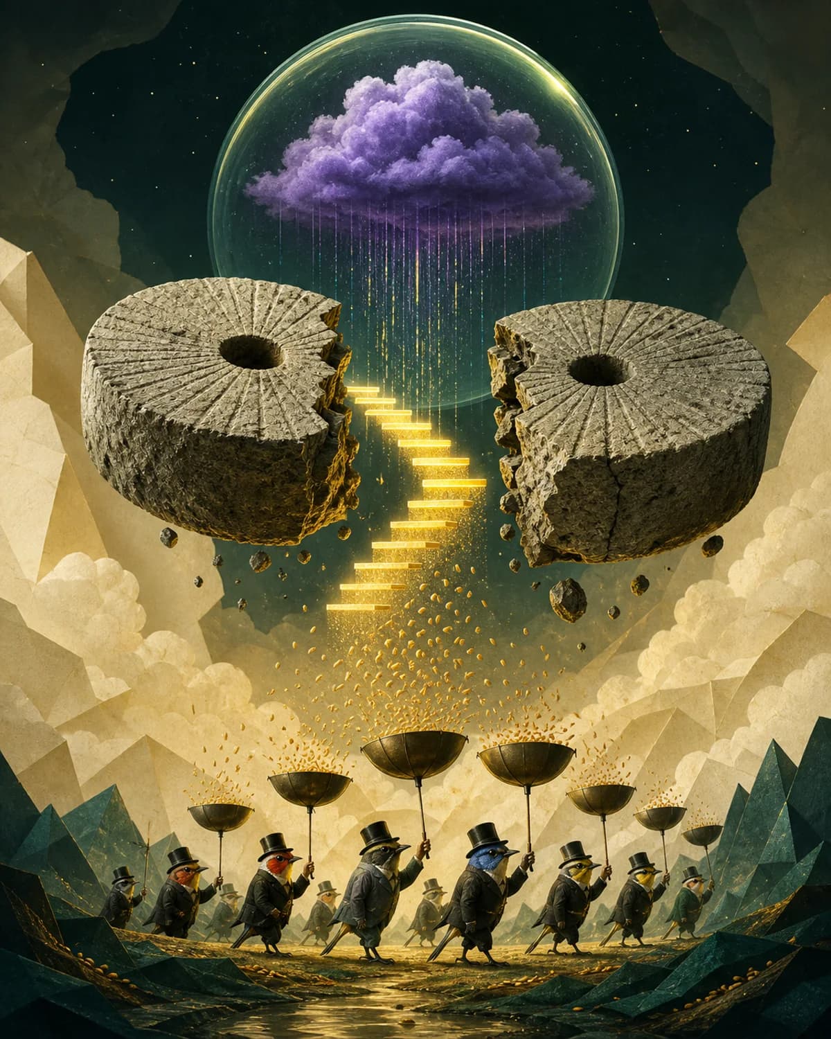 Two broken millstones floating around a staircase of light beneath a violet storm cloud while formally dressed birds march below.